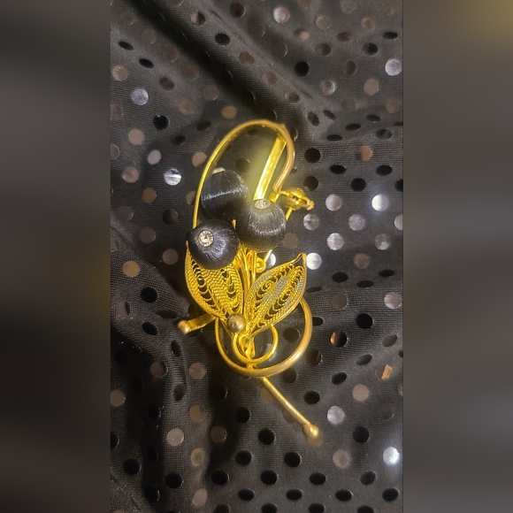 Vintage Gold Tone Black Thread Wrapped Flower Pin Brooch - Picture 4 of 7